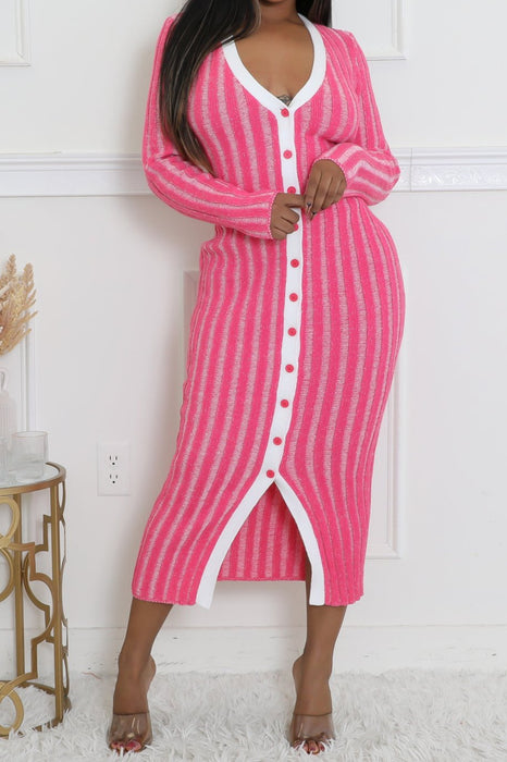 plus size pink sweater dress Button Up Knit Sweater Dress — D-LUX
